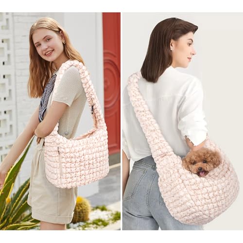 Fashion Quilted Pet Sling Carrier for Small Dogs with Tether Large Puffer Hobo Bag Padding Shoulder Bag for Puppy&Cats,Up to 13lbs (Beige) by Lmbabter - Image 2