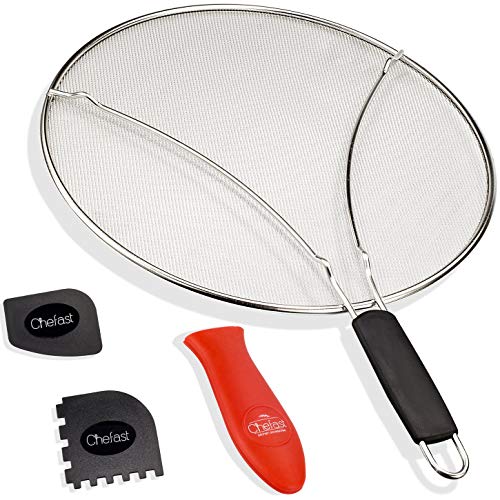 Chefast Splatter Screen Set 13-Inch Stainless Steel Grease Guard Grill and Cooking Pan Scrapers and Silicone Hot Handle Holder - Oil Shield for Frying Pans and Skillets Renewed