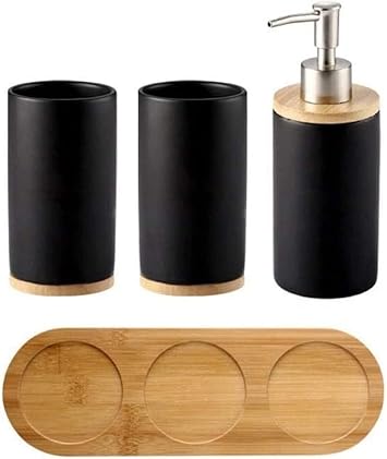 Vanity Bathroom Decor, Bathroom Accessory Set Ceramic Bath Accessory 4-Piece Set for Decor and Housewarming Gift Bamboo Ceramic Housewarming GiftBlack
