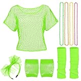 Contenu du Set (5 Types): Ce déguisement année 80 femme inclut : 1 t-shirt en résille noir, 1 paire de jambières noires, 1 paire de gants courts (mitaines), 1 bandeau en dentelle et 4 colliers de perles néon (vert, orange, jaune, rose).