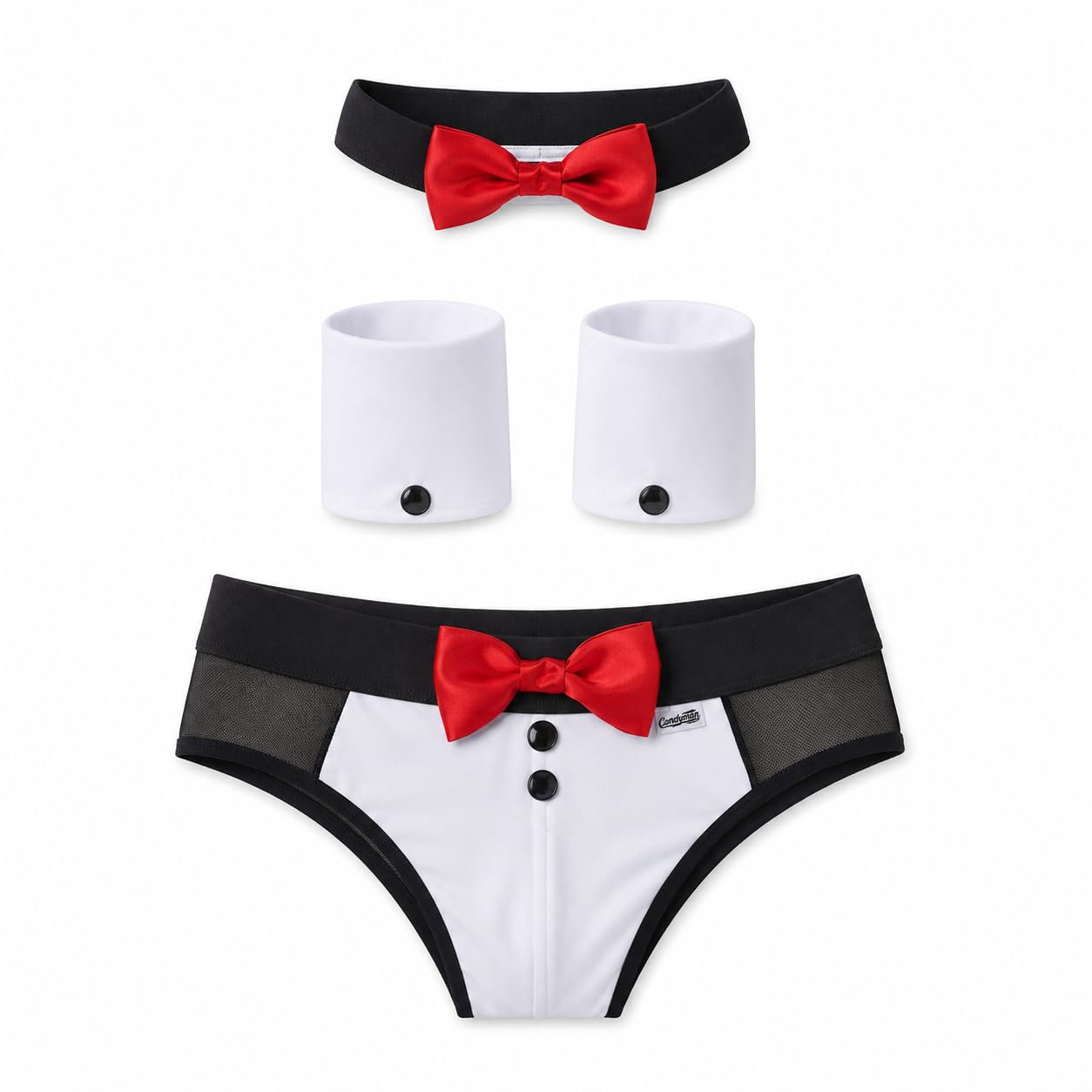 Men's Tuxedo Costume Brief Set with Bow Tie & Wrist Cuffs | Soft Stretch Mesh Low-Rise Underwear | 3-Piece Roleplay Lingerie Outfit Black-image-47
