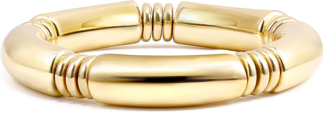 Gold Chunky Bangles Bracelets For Women 14k Gold Plated Stack Layered Curved Bamboo Tube Stretch Bracelets Gift Jewelry