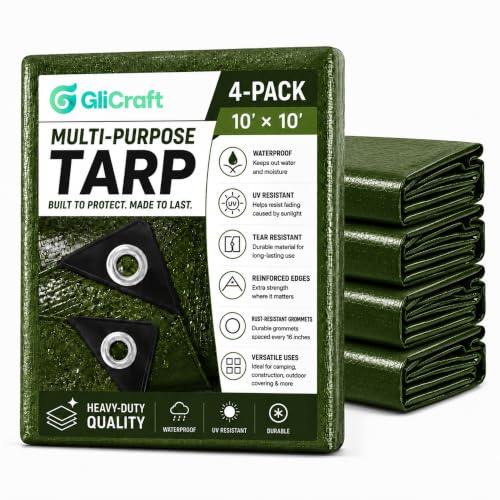 Image of 4 Pack 10 x 10 ft 5.5 Mil Tarps Heavy Duty Waterproof Tarp Multi Purpose Tent Cover for Home Boats Cars Camping Patio Furniture Roof Emergency Rain Protective Cover, Army Green