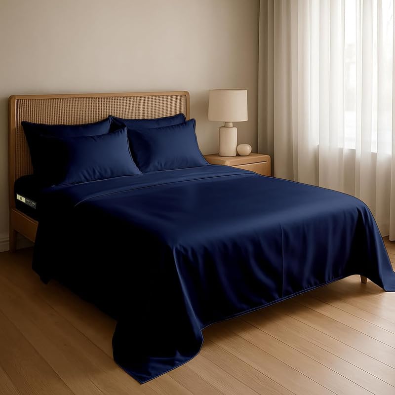 Image of Day Care-Luxury Satin Flat Double Bed (90x100 Inchs) Bedsheet|Ultra Soft Silky Smooth Touch|Breathable, Lightweight & Skin Friendly|Wrinkle Resistant|Navy Blue