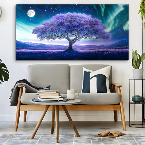 crmotu Tree of Life Large Wall Art for Living Room, Purple Tree Art Prints, Aurora Landscape Canvas Painting, Surreal Art Wall Pictures for Bedroom Bathroom, Modern Office Decor Artwork 30X60in