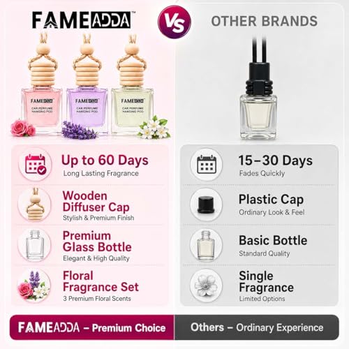 Image of 10 ML Premium Rose Lavender & Jasmine Pack of 3 Car Perfume Hanging Pod /Car Air Freshener /Car Perfume Luxury Natural Fragrance Oils in Glass Bottle with Wooden Diffuser Lid /Last Upto 60 Days