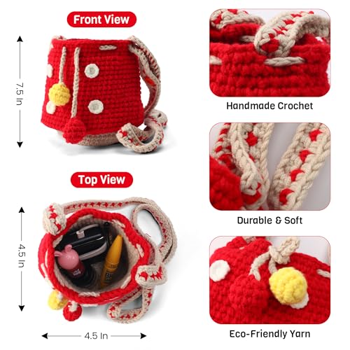 Image of Mushroom Crossbody Purse Tote Bag for Women - Gift Bag Cute Adjustable Strap for Crochet Cottagecore Knitted Drawstring Bag