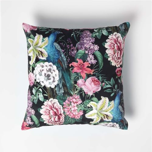 Image of HOMESCAPES Teal & Black Reversible Velvet Floral Cushion 46 x 46 cm Filled Decorative Throw Pillow with Floral Peacock Design Cushion Insert Included