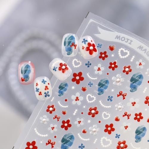 Image of Red Flower Nail Stickers Decals Pearl Heart Design Nail Decals for Nail Art