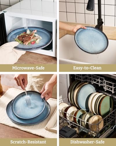 Image of Famiware Milkyway Stoneware Dinnerware Set, 24-Piece, Double Reactive Glaze, Plates and Bowls, Service for 8, Microwave and Dishwasher Safe, Scratch-Resistant, Dusty Blue