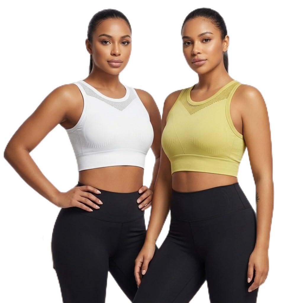 bedazzle Women's Seamless Sports Bra Crop Top, Mesh Detail, Sleeveless, White and Yellow-Green, Slim Fit, Lightweight-picture-44