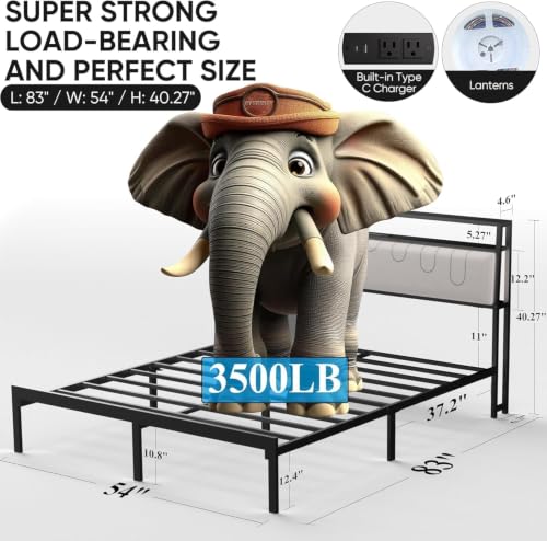 Image of J.Fkne Full Bed Frames with Charging Station and LED Lights, Full Size Platform Bed with Metal Slats, Upholstered Headboard with 2-Tier Storage Shelves, No Box Spring Needed, Easy Assembly, Black