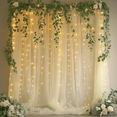 Patioman 10x8ft Ivory Tulle Backdrop Curtain with String Lights, Wrinkle-Free Sheer Wedding Backdrop for Birthday Parties, Baby Showers, Bridal Showers, Photo Shoots and Home Decorations, Ivory