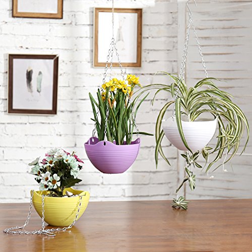 Mygift Colorful Self-Watering Hanging Planter Indoor Pots, Flower Succulent Plant Container With Metal Chain, Set Of 3 (Purple/Yellow/White) #TOP1