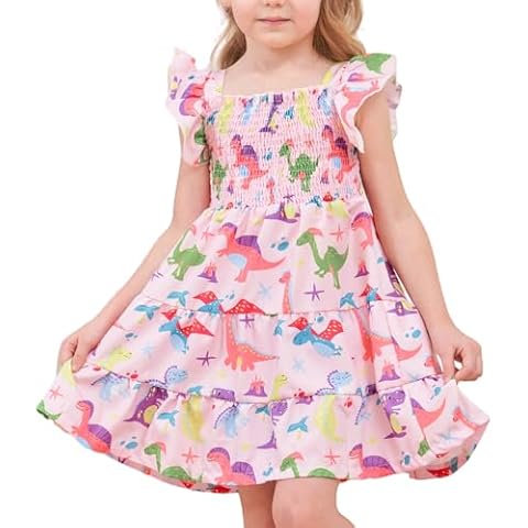 NUBEEHOHO Girls Dinosaur Dress Toddler Summer Pink Smocked Dress Ruffle Sleeveless Baby Girl Summer Cloths Beach Tiered Sundress (1577-18-24M) Cover