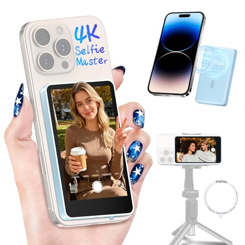 Image of Moman Vlog Selfie Monitor Screen for iPhone 7-16 Series, 4K 60fps & Encrypted Private Wireless for iPhone, Magnetic Back Camera Monitor, P2P Wireless, 164 ft Range for TikTok, YouTube, Vlogging (Blue)