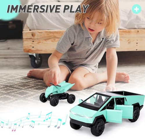 Image of 1 /32 Tesla CyberTruck Toy Metal die-Casting Model car - Exclusive Alloy Metal Pull Back Die Cast Car Toy with Openable Doors, Light & Music - Best Gifts for Kids【Green】