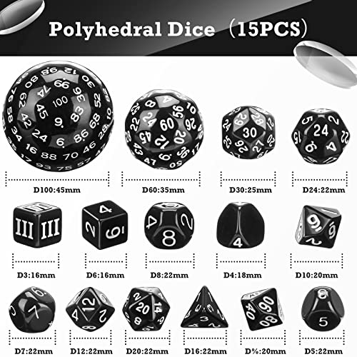 Civaner 15 Pieces Complete Polyhedral D3-D100 Spherical Rpg Dice Set In Opaque Black, 100 Sides For Role Playing Table Games Party Supplies(Black And White) #TOP2