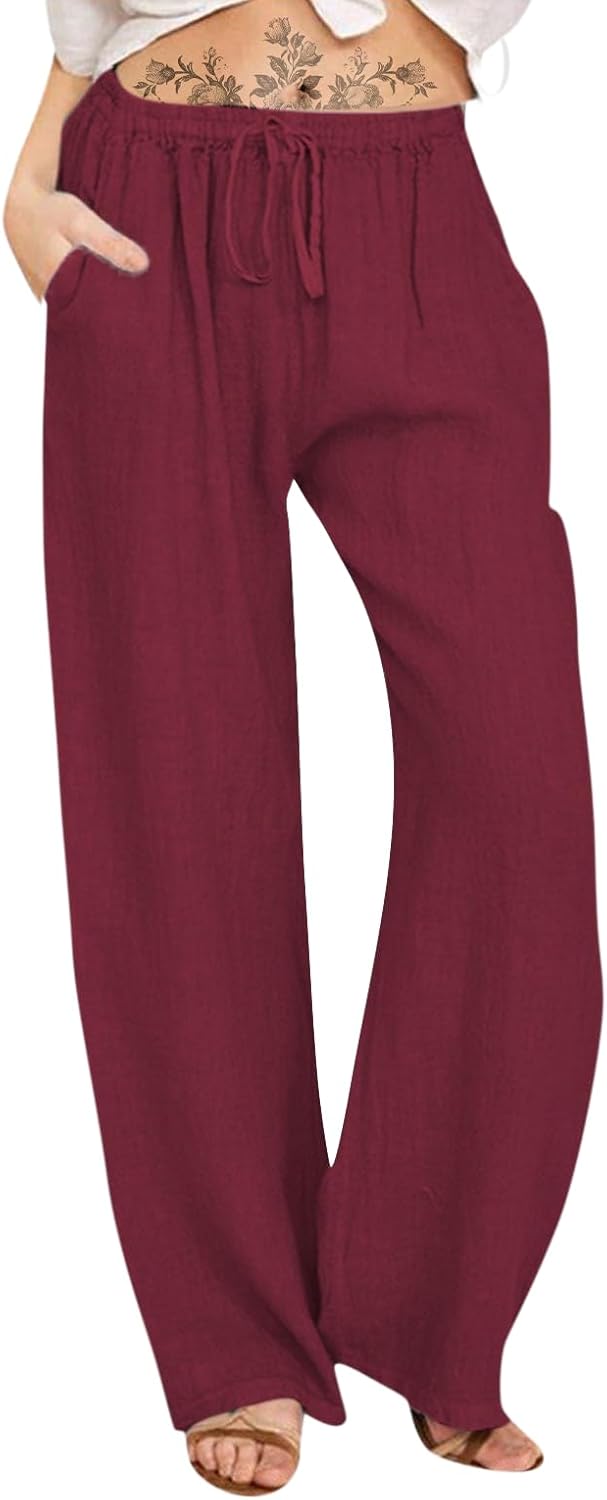 High Waisted Pants for Women Relaxed Wide Leg Plus Size Plain Comfortable Summer Long Trousers with Pockets