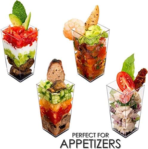 DLux 50 x 3 oz Mini Dessert Cups with Spoons, Square Tall - Clear Plastic Parfait Appetizer Cup - Small re-usable Serving Bowl for Tasting Party Desserts Appetizers - with Recipe Ebook