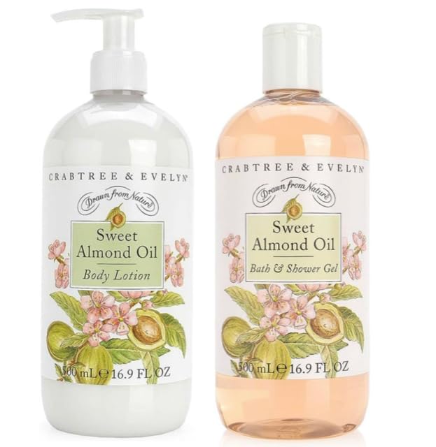 Crabtree & Evelyn Conjunto com gel de banho e ducha e loção corporal de óleo de amêndoas doces, 2 x 500 mL