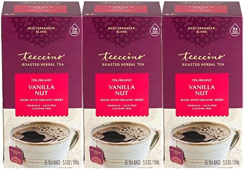 Teeccino Vanilla Nut Herbal Tea - Rich & Roasted Herbal Tea That’s Caffeine Free & Prebiotic for Natural Energy, 25 Tea Bags (Pack of 3)