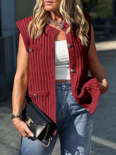 Image of Saodimallsu Womens Sleeveless Sweater Vest Button Up Cable Knit Crew Neck Trendy Casual Loose Summer Cardigan