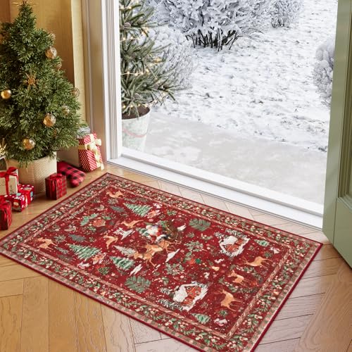 Lahome Indoor Christmas Rug 2x3 Small Kitchen Bathroom Rugs for Entryway,Washable Soft Non-Slip Christmas Tree Santa Claus Area Rug,Door Mat for Winter Living Room Bedroom Holiday Decor(2x3,