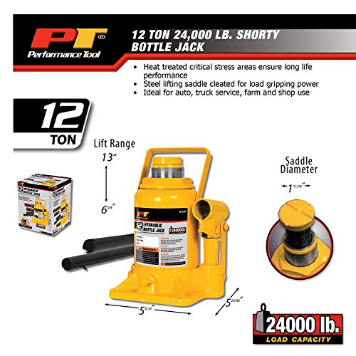 Image of Performance Tool W1643 Heavy Duty Shorty Bottle Jack for Vehicle Maintenance, 12 Ton Capacity (24,000 lbs)
