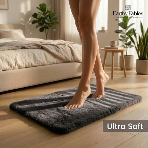 Image of Earthy Fables Feather Microfiber Rug /Mat, Thick, Quick Dry, Anti-Skid, Non-Slip, Machine Washable Floor Rug, Door Mat for Kitchen, Bedroom, Living Room, 60 x 40 cm - Grey