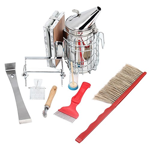 Yodensity 8 Pcs Imker Zubehör Werkzeug Set wie z Raucher Abstreicher Entdeckelungsgabel Biene Pinsel Rahmen Halter usw. Bienenzucht Hobbyimker
