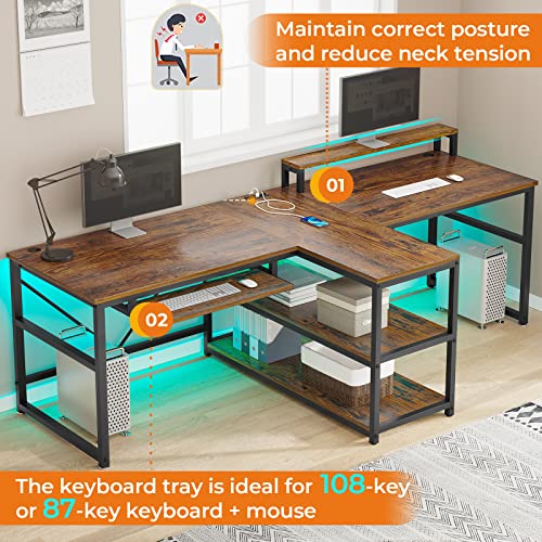 Sedeta 94.5" Home Office Desks, Computer Gaming Desk With Storage, Led Lights, Power Strip With Usb, Keyboard Tray & Monitor Stand, Extra Long Double Desk For 2 Person, Rustic Brown #TOP6
