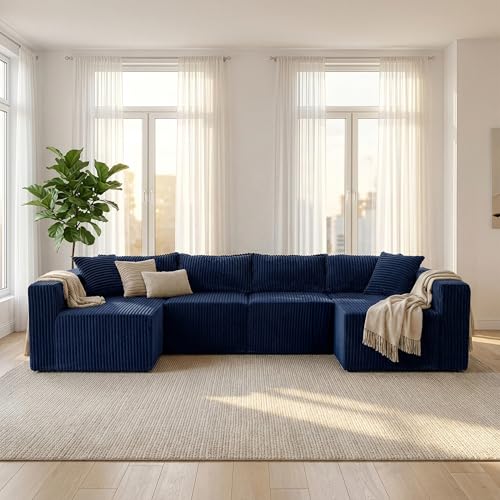 Image of Claiks 128 inch Modular U‑Shaped Boneless Cloud Couch, Deep Seat Sectional Sofa with Double Chaise, No Assembly Required, Modern Oversized Couches for Living Room, Blue