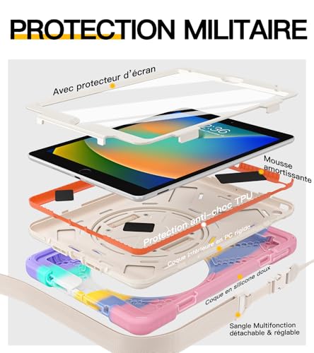 Coque iPad 9/8/7 Multicolore Robuste avec Support 360 Degres et Dragonne