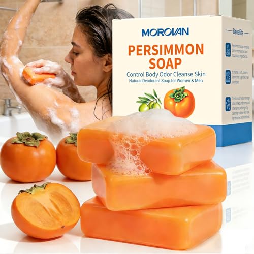 Morovan Persimmon Soap for Body Odor: 3 Bars Natural Persimmon Bar Soap for Old People Smell, Effective Odor Control for All Skin Types & Sensitive Skin
