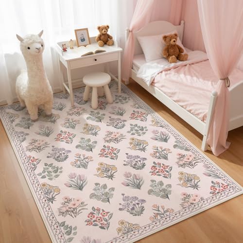 Wonnitar Pink Rugs for Bedroom Girls Nursery, Floral Print 5x7 Washable Rug, Boho Ultra-Thin Non Slip Soft Cozy Carpet for Room Decor Kids Playroom Office Living Room, Pale Pink