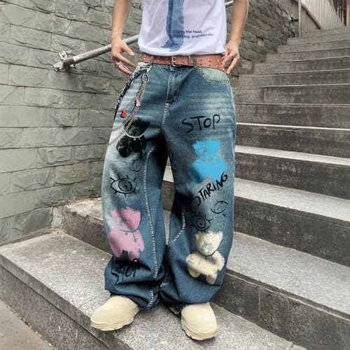 Baggy Jeans Men Graphic Bear Y2k Wide Leg Denim Pants with Metal Chain Design Streetwear for Skater Jeans Hip Pop3