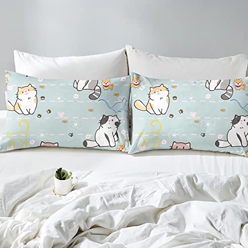 Cat Bedding Set Twin Size, Cartoon Cats Comforter For Girls Kids Teens, Blue Lovely Quilt Animal Pattern Comforter Set Soft Breathable Cute Duvet Set For All Season 2Pcs With Pillowcase #TOP2
