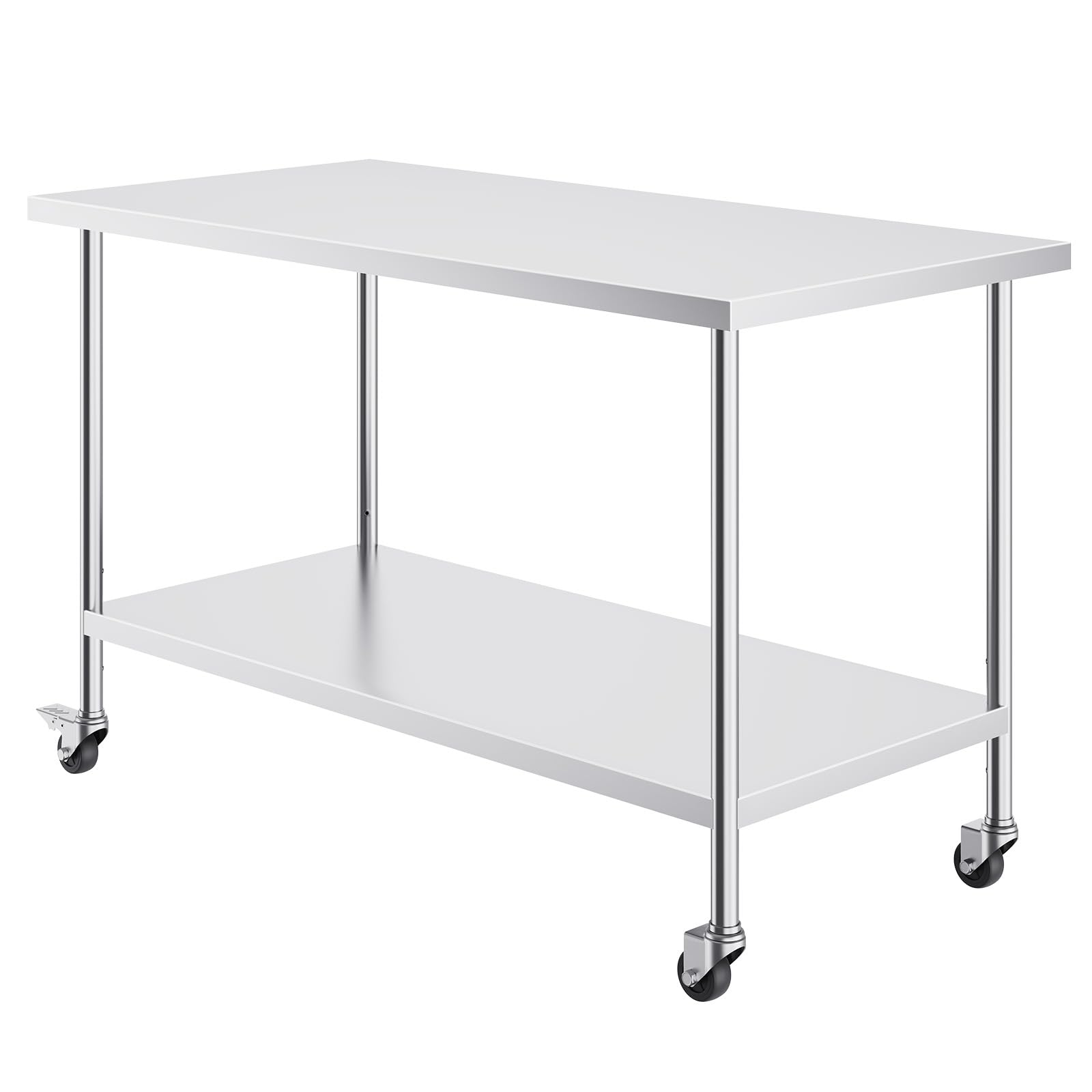 Happybuy 30x60x38 Inch Stainless Steel Work Table with 4 Wheels, 3 Adjustable Heights, Heavy Duty Food Prep Worktable for Commercial Kitchen, Restaurant, Silver