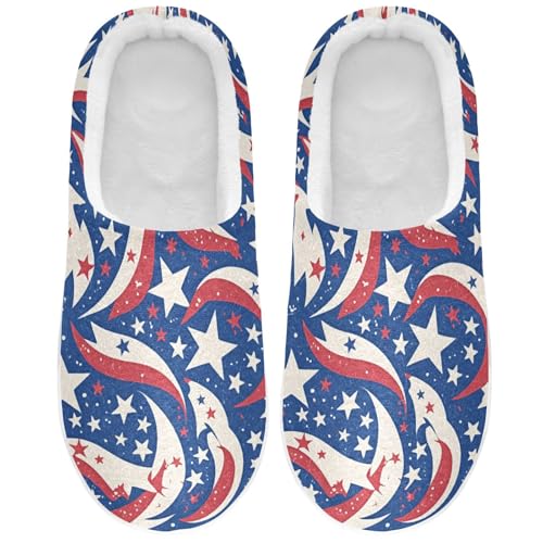JUNZAN American Flag with Stars Stripes Blue Mens House Cotton Slipper Soft Memory Foam Indoor Shoes for Hospital Birthday Presents 6-7