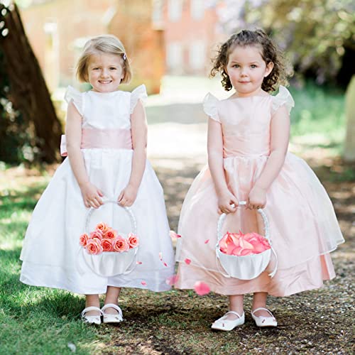 4PCS Wedding Flower Baskets, White Satin Bowknot Flower Baskets Pearl Collection Flower Girl Baskets for Weddings (Pearl Bow) - Thumbnail 4