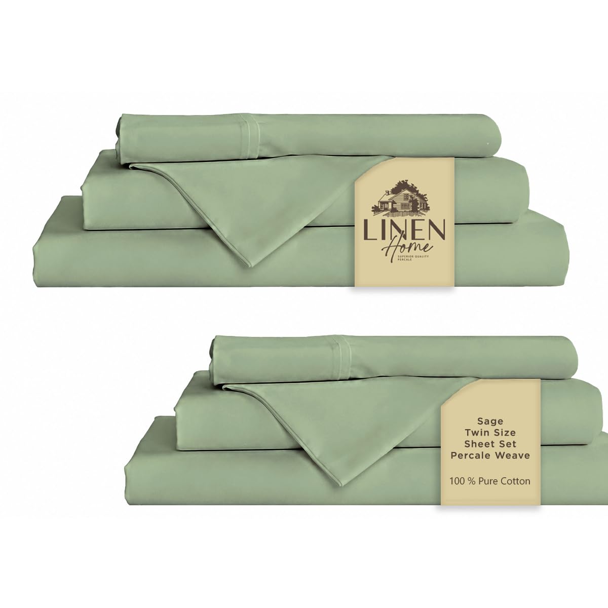 Linen Home 100% Cotton Percale Sheets Twin Size Pack of 2, Sage, Deep Pocket, 6 Pieces Set- 2 Flat, 2 Fitted and 2 Pillowcases, Crisp Cool and Long Staple Strong Bed Linen