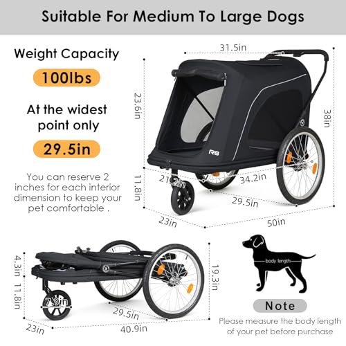 Image of R8 Extra Large Foldable Pet Stroller, Dog Stroller & Pet Trailer for Large Dogs Under 100 lbs, Unmovable, Disabled & Pregnant Dogs - Conveniently Carriable by Bike and Car, Black
