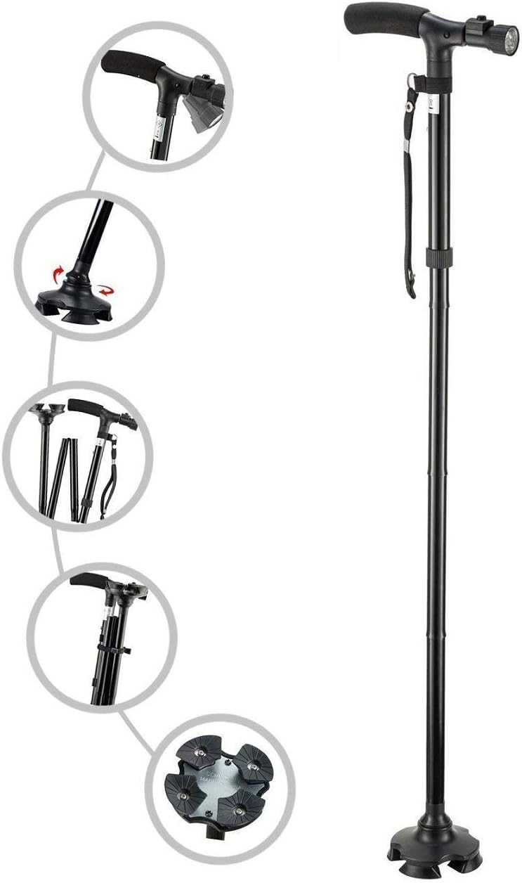 FWQPRA® Folding Sections Folding Walking Stick/Trusty Cane Sturdy Folding Cane with Gripped Handle/Walking Stick with Built- In Lights & Pivots for Better Grip
