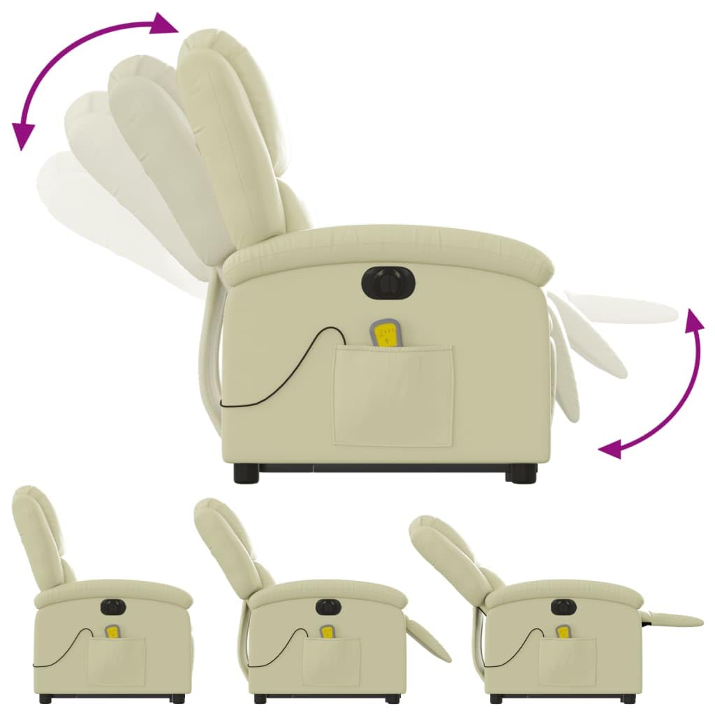 Massagesessel elektrisch mit Aufstehhilfe in Creme Echtleder, 6-Punkt Vibrationsmassage, verstellbare Rückenlehne bis 135 Grad, mit Holz-Metall-Gestell, Seitentasche für Fernbedienung