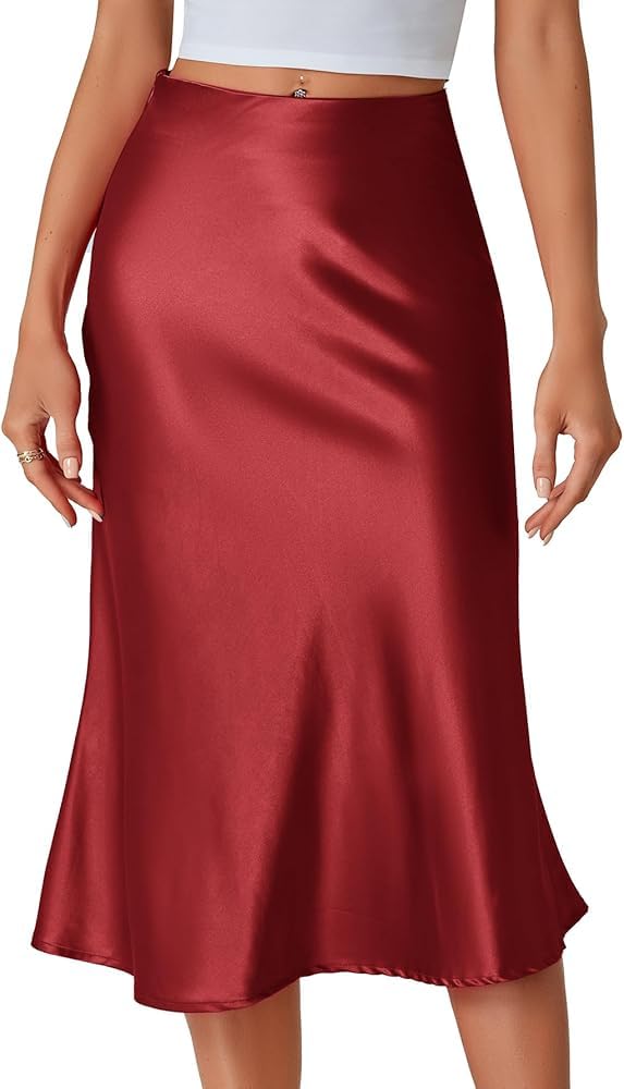 Satin Midi Skirt, High Waist, Side Zip,-image-2