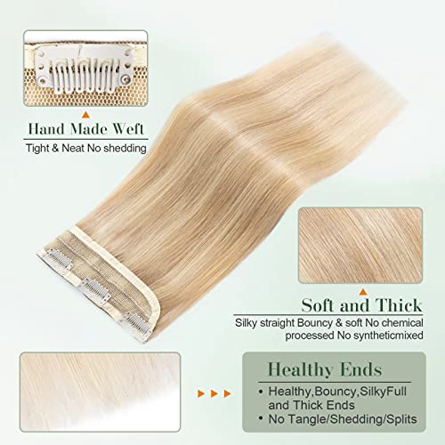 Image of Benehair One Piece Clip in Hair Extensions Real Human Hair Ombre Light Ash Brown Mixed Bleach Blonde Hair Extensions 16inch Straight Remy Human Hair 5 Clips Real Hair Extensions for Women