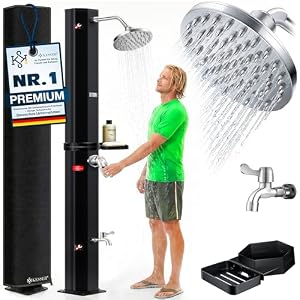 KESSER® Solardusche 60L Gartendusche, Solar Dusche für Garten & Pool mit warmem Wasser, Pooldusche ohne Strom, Regenduschkopf & Wasserhahn mit Gartenschlauch-Anschluss + Ablage, Schutzhaube
