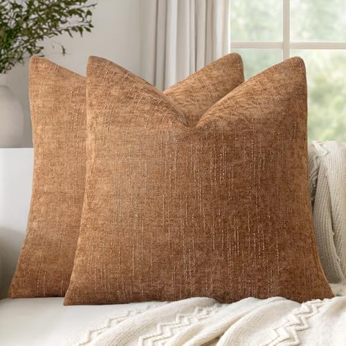 Woaboy Set of 2 Textured Throw Pillow Covers Decorative Soft Accent Square Chenille Pillowcases Neutral Farmhouse Cushions Modern Home Decor for Couch Sofa Bedroom Living Room 20x20 Inch,Bronze