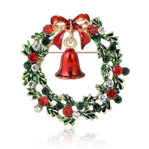 Image of Yeeyeow Wreath Jingle bell Christmas Tree Brooch Pin Christmas Accessories Jewelry Unisex Rhinestone Crystal Enamel Snowman Pin Brooch for Christmas Holiday Gift, M, Rhinestone Zinc, no gemstone